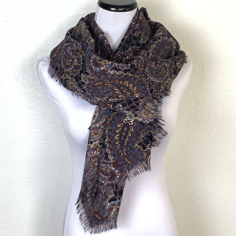 Liberty Vintage XL Brown Paisley Print Wool Wrap Scarf - Picture 2 of 10